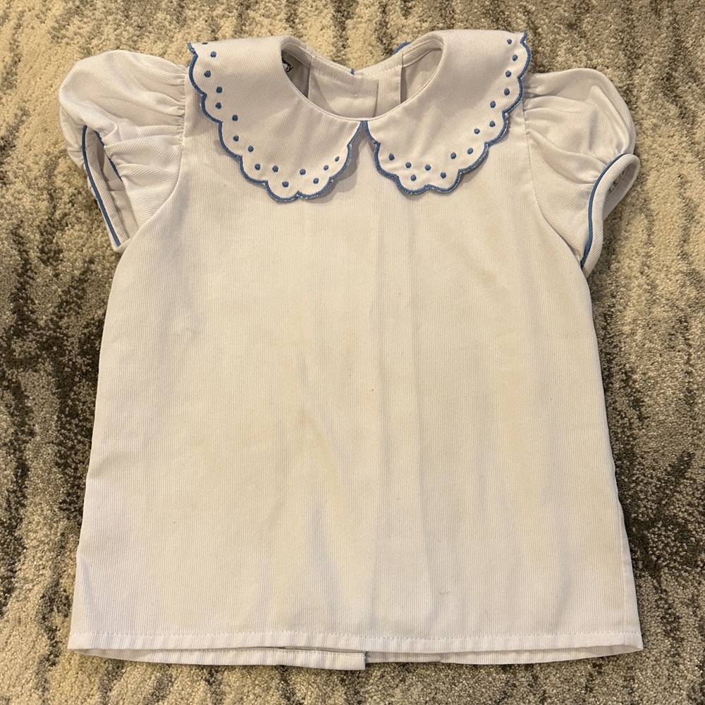 Charming White Kids Blouse with Blue Scalloped Collar